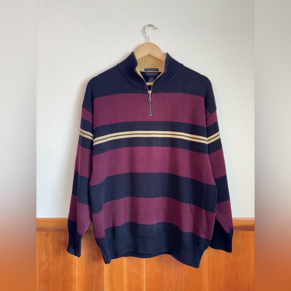 GANT Men's Burgundy and Navy Zip-Up Sweater